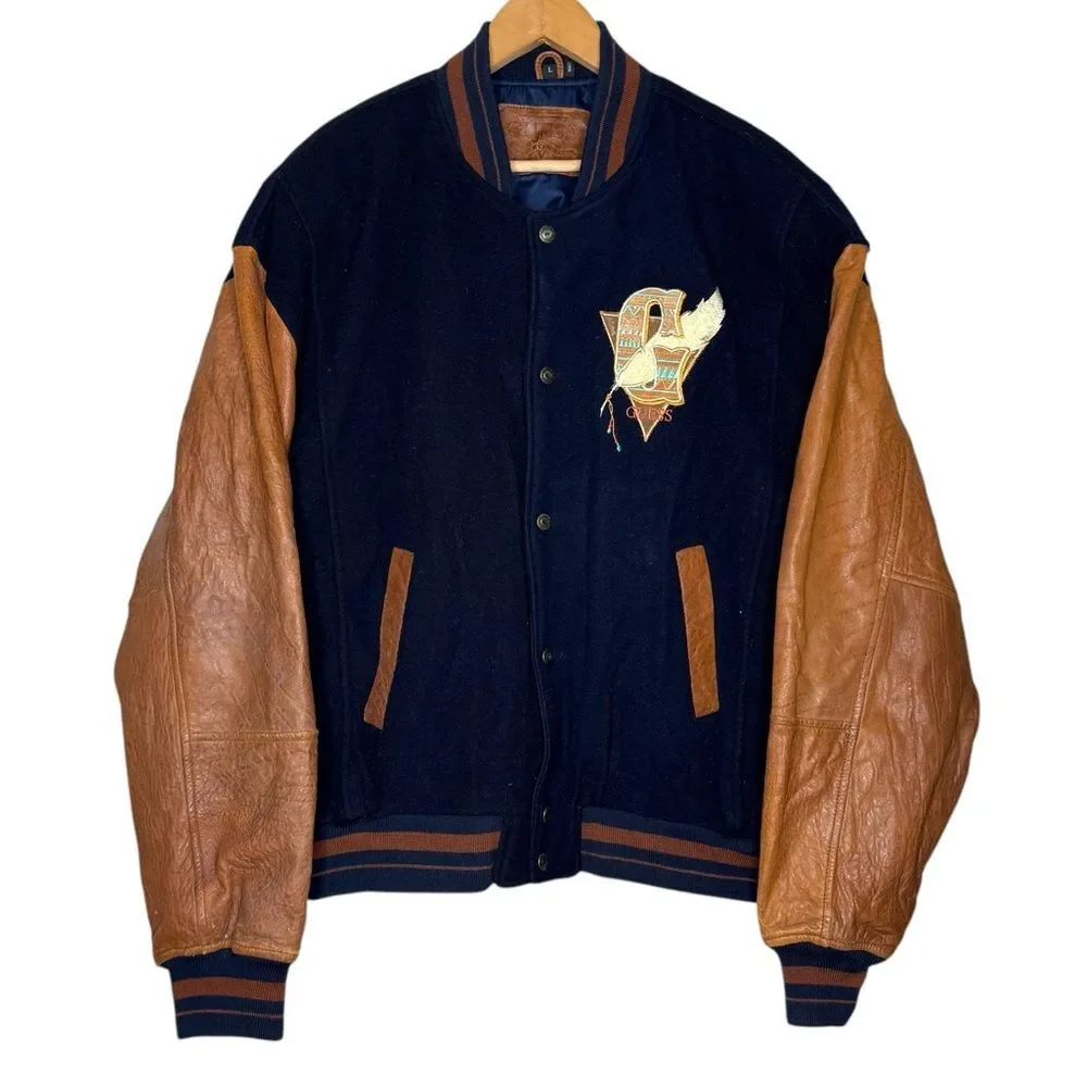 Vintage Guess Indian Head Leather Wool Varsity Letterman Jacket Men’s Sz L
